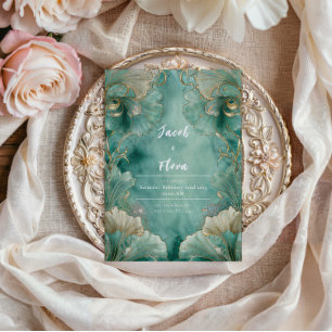 Convite Noiva Folha de Ginkgo em Ouro Seafoam Art Nouveau