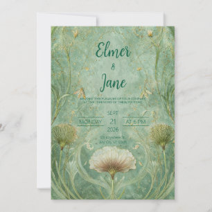 Convite Noiva Folha de Ginkgo em Ouro Seafoam Art Nouveau