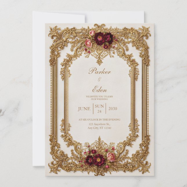 Convite Noiva Formal Antiquada Dourada Borgonha (Frente)
