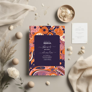 Convite Noiva groovy rosa laranja roxo retrô nupcial