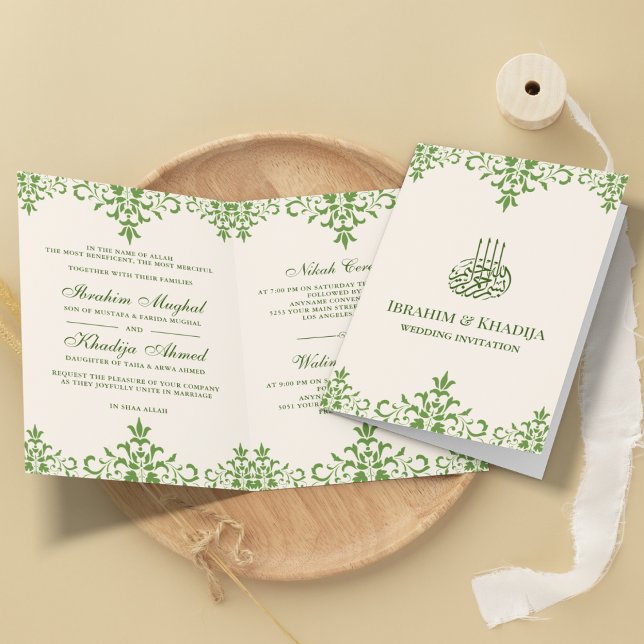 Convite Noiva Islâmica Muçulmana em Damasco Creme e Verde (Criador carregado)