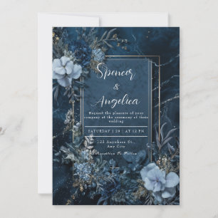 Convite Noiva Moldura Dourada Floral Mármore Azul Meia-Noi