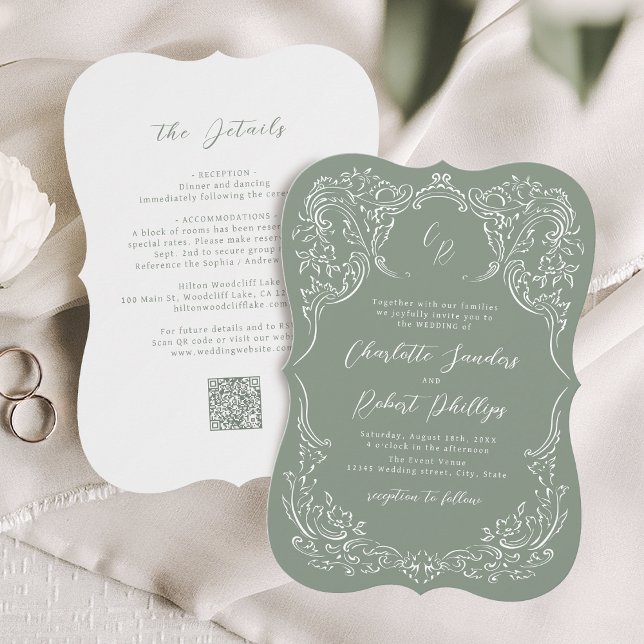 Convite Noiva Monograma Desenhada à Mão com Florescer Vint (Sage Sketched Vintage Flourish Monogram Wedding Invitation)
