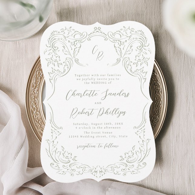 Convite Noiva Monograma Desenhada à Mão com Florescer Vint (Sage Sketched Vintage Flourish Monogram Wedding Invitation)