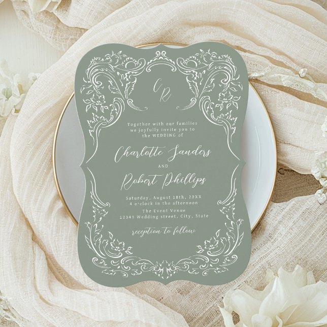 Convite Noiva Monograma Desenhada à Mão com Florescer Vint (Sage Sketched Vintage Flourish Monogram Wedding Invitation)
