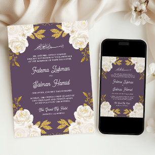 Convite Noiva Muçulmana Floral Marfim Dourado Roxo Empoeir