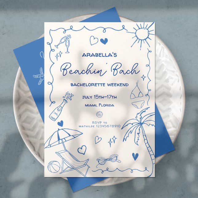 Convite Noiva na Praia | Azul | Desenho à Mão Caprichoso  (Beach Bachelorette invitation in blue and white with beach doodles, hand written font & itinerary.
)