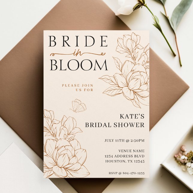 Convite Noiva no Chá de panela Bloom Tan Brown (Bride in Bloom Tan Brown Bridal Shower Invitation
)