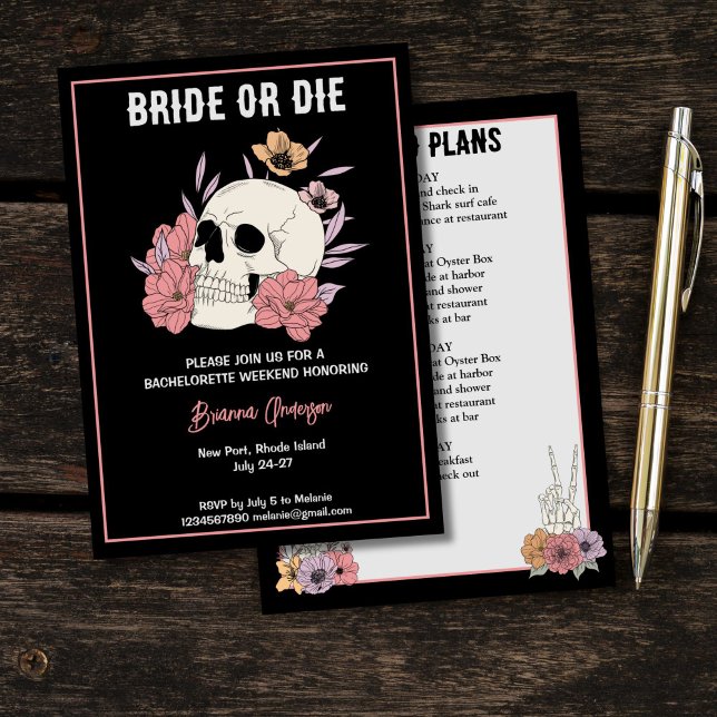 Convite Noiva ou morta - despedida de solteira negra (Bride or die black skull skeleton bachelorette party weekend itinerary invitation template)