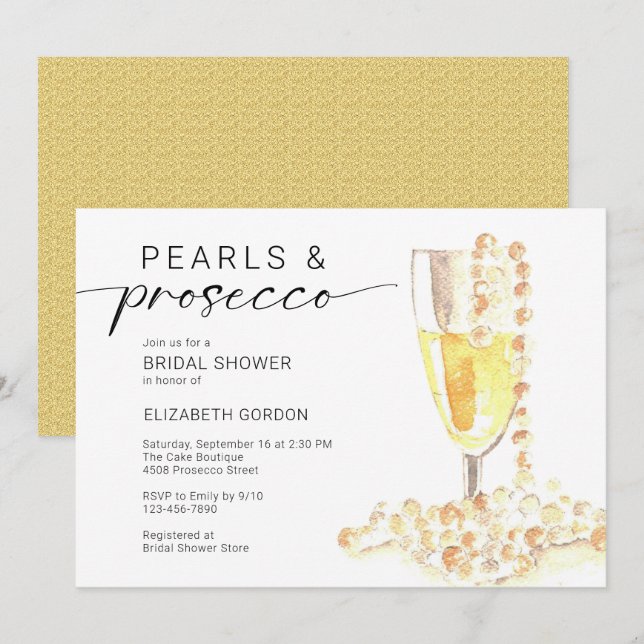 Convite Noiva Pérolas e Prosecco Personalizado Minimal  (Frente/Verso)