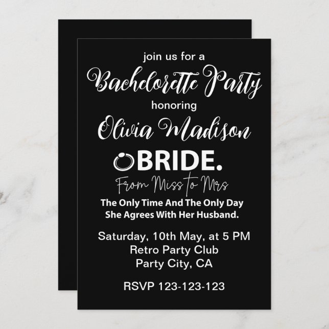 Convite Noiva Preta e Branca para ser Festa de solteira (Frente/Verso)