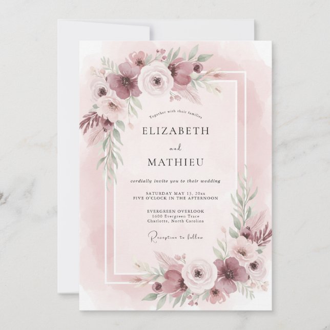 Convite Noiva Ranunculus Eucalipto Ameixa Rubor Casamento (Frente)