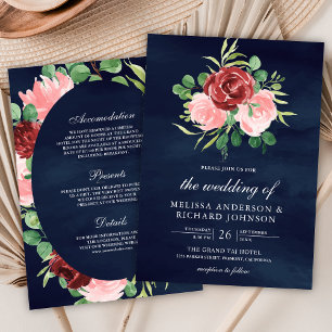 Convite Noiva Rosa Bege Borgonha Floral Tudo em Um Azul Ma