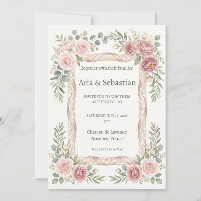 Convite Noiva Rosa Bege com Renda Quadro Casamento (Frente)