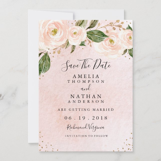 Convite Noiva Rosa Dourado Floral Casamento Salve A Data   (Frente)