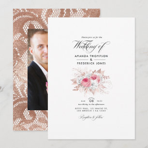 Convite Noiva Rosa e Dourado Rosa Floral e Casamento de Re
