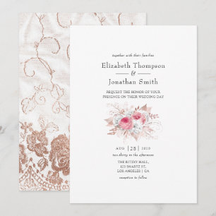 Convite Noiva Rosa e Dourado Rosa Floral e Renda Casamento