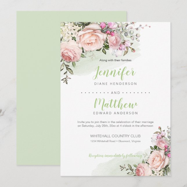 Convite Noiva Rosada | Fundo Verde | Casamento (Frente/Verso)