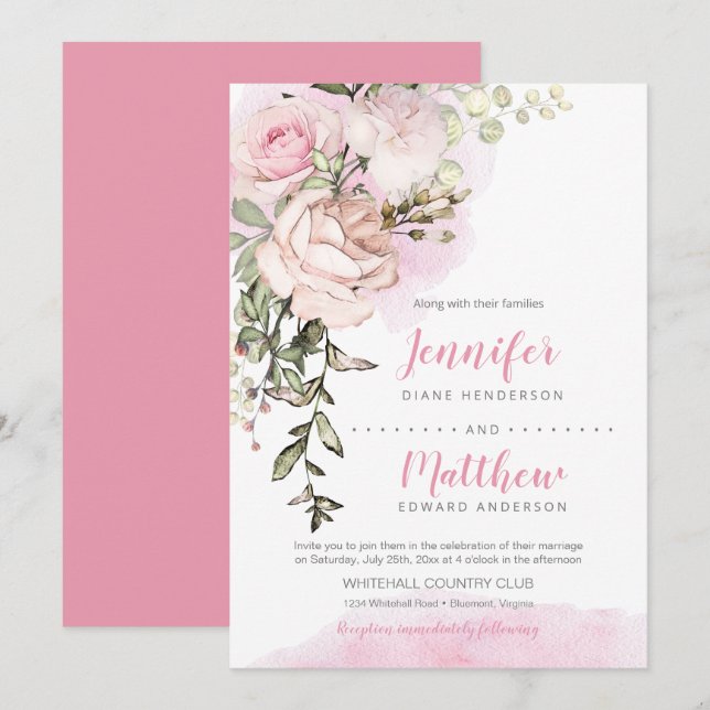 Convite Noiva Rosado Floral Drop Casamento (Frente/Verso)