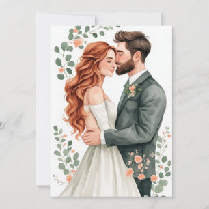 Convite Noiva ruiva e noivo de cabelo escuro casamento
