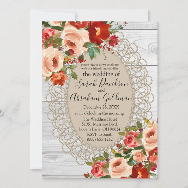 Convite Noiva Rustica Flores Vermelhas Rosas Renda de Made (Frente)