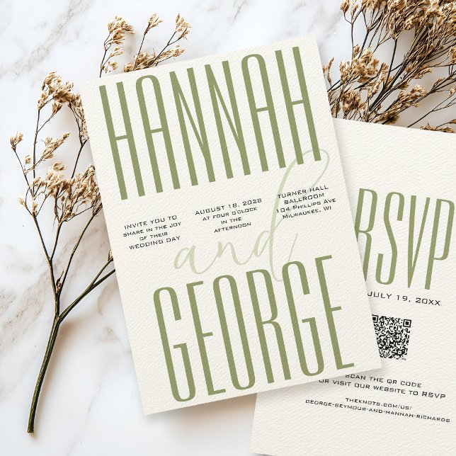 Convite Noiva Simples Moderna em Verde Sage e Ecru com Cód (Modern ecru textured wedding invitation, sage green bold typography with elegant script calligraphy )