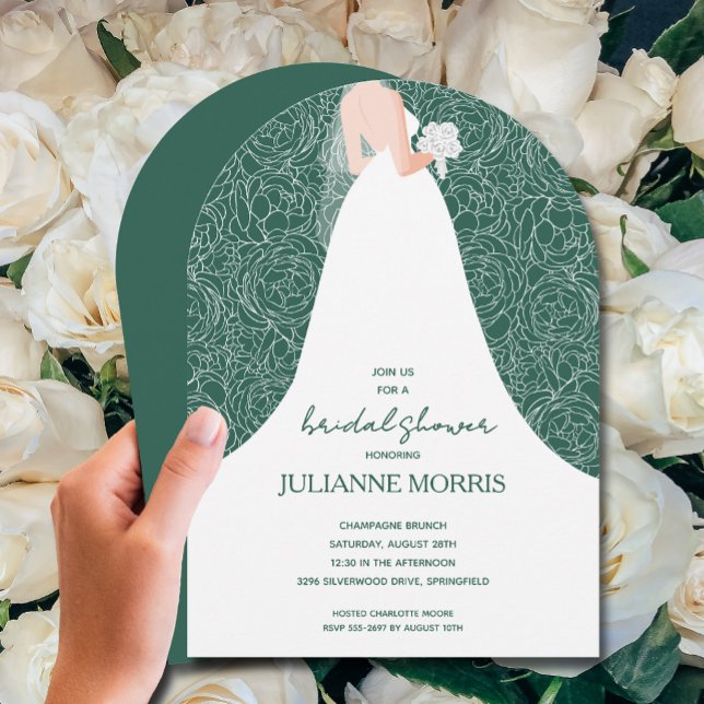 Convite Noiva sobre a Arca do Chá de panela Verde Emerald (Bride on emerald green bridal shower arch-top invitations)