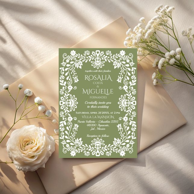 Convite Noiva Talavera verde sage mexicana (Talavera sage green Mexican wedding Invitation cards template folk art border wedding cards)