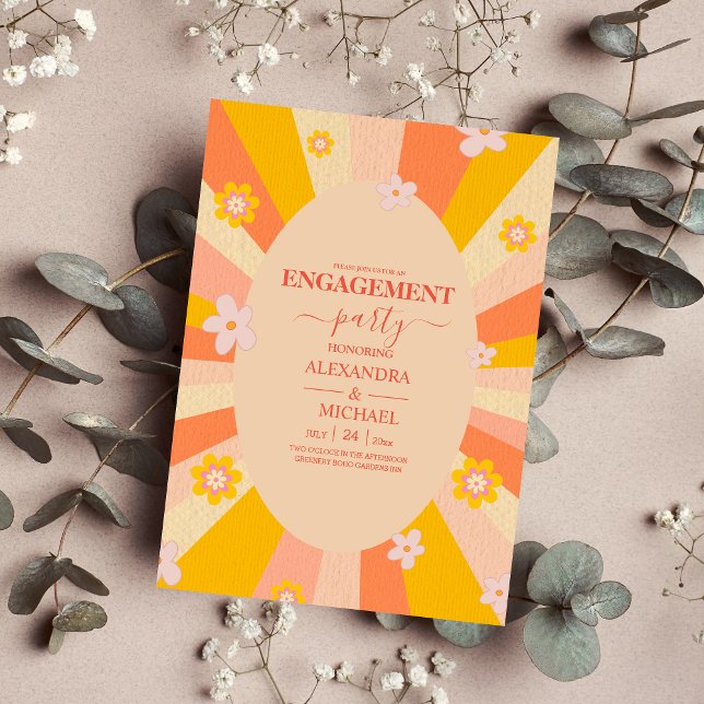 Convite Noivado amarelo-alaranjado da série 70 retrô Groov (Criador carregado)