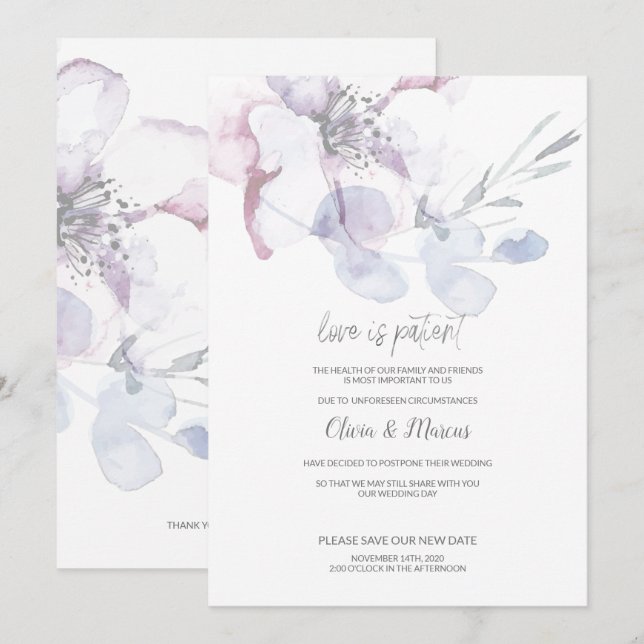 Convite Noivado Amor Flor de Maçã é Paciente Adiamento do  (Frente/Verso)