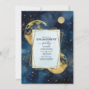 Convite Noivado Aquarela Azul Meia-Noite Místico Dourado