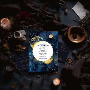 Convite Noivado Aquarela Azul Mystic Midnight  Dourado