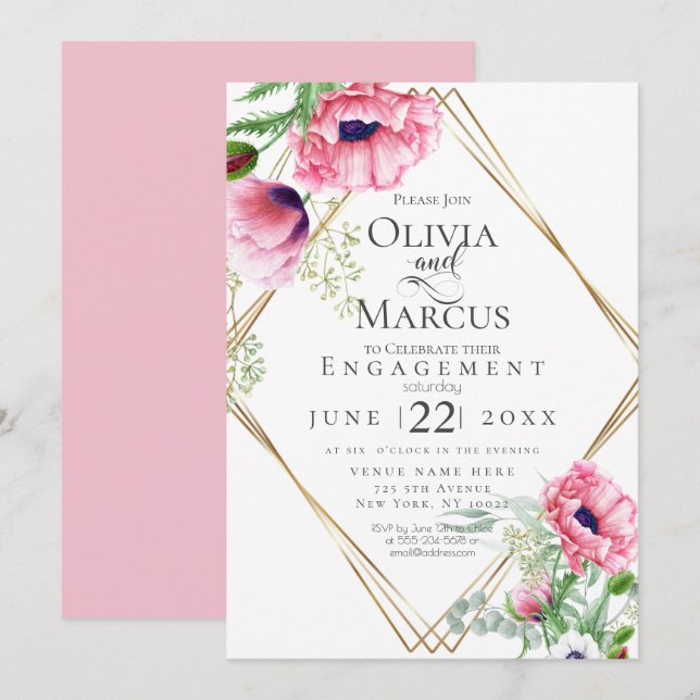 Convite Noivado Aquarela Papoulas Cor-de-Rosa (Frente/Verso)