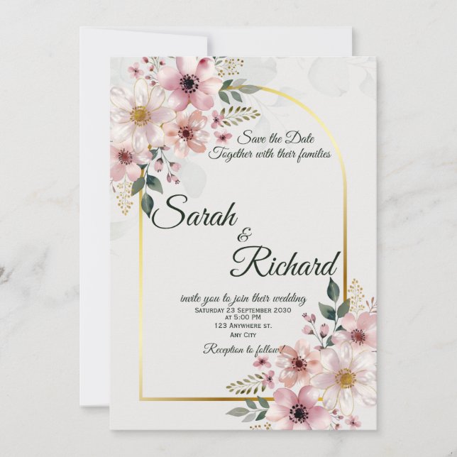 Convite Noivado Arqueado Dourado Floral Blush Salve A Data (Frente)