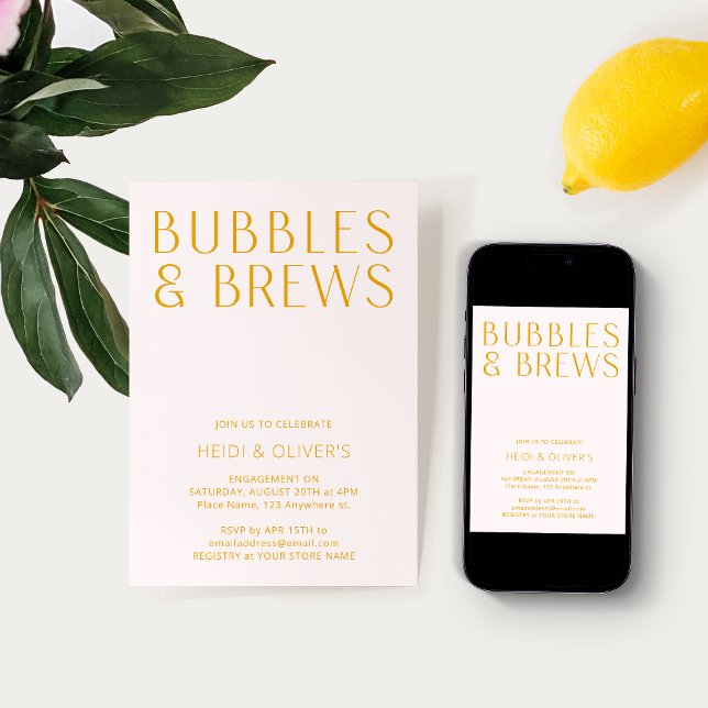 Convite Noivado Blush Pink & Yellow Bubbles & Brews (Criador carregado)
