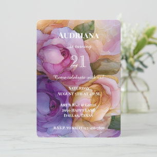 Convite Noivado bonito Púrpura Dourado e Rosa