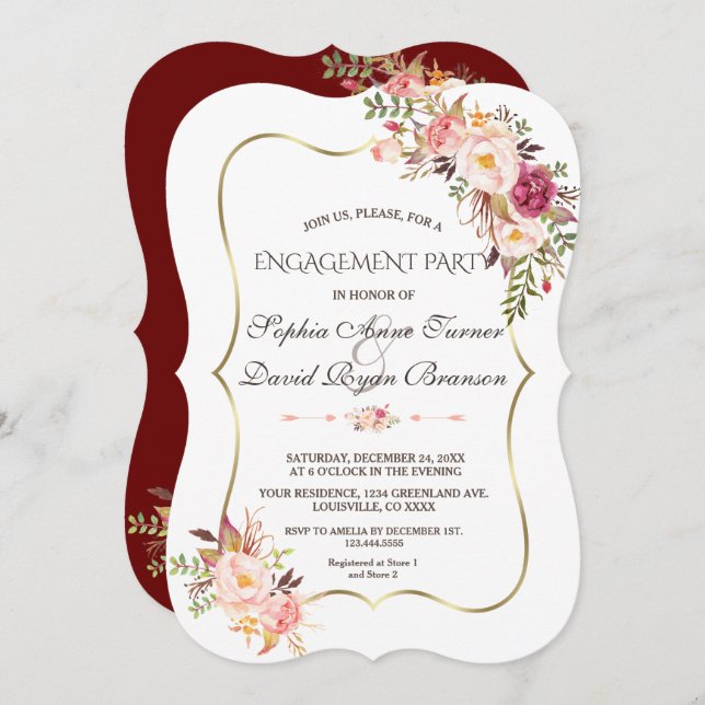 Convite Noivado Borgonha Floral Rosa Dourado Real (Frente/Verso)