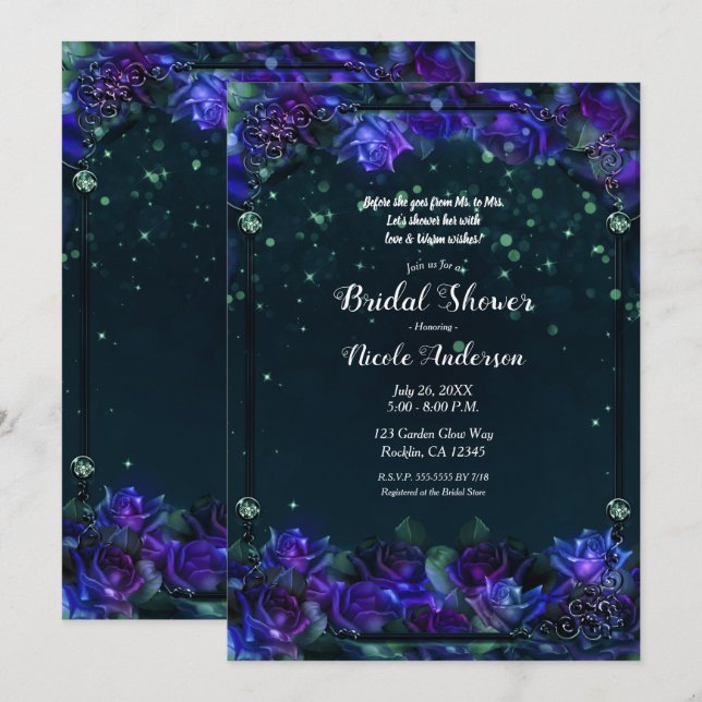 Convite Noivado Brilho Jardim Verde Roxo Encantado (Frente/Verso)
