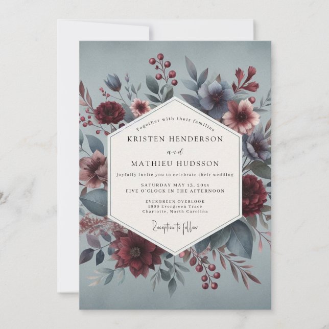 Convite Noivado Burgundy Slate Moody Bloom (Frente)