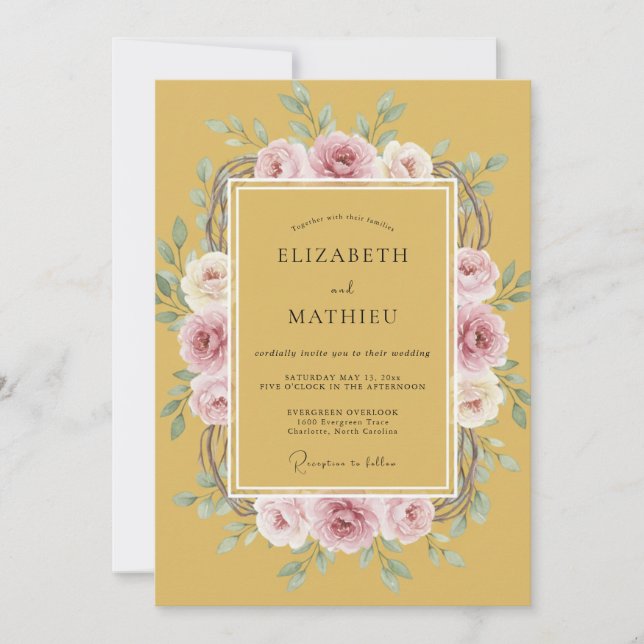 Convite Noivado Casamento Romance Floral Ocre (Frente)