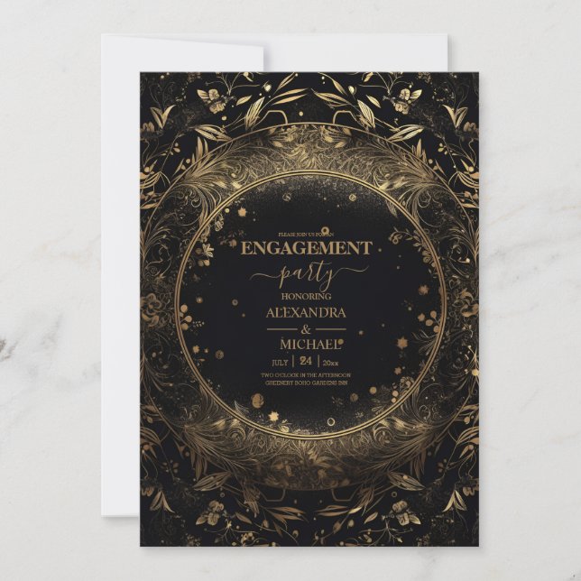 Convite Noivado Celestial Ouro Preto Místico (Frente)