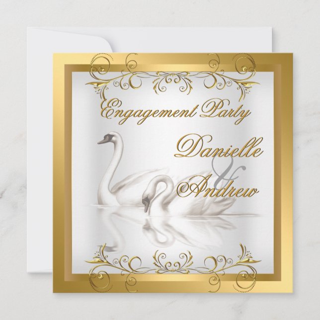 Convite Noivado Cisnes Dourado Branco Elegante Festa (Frente)