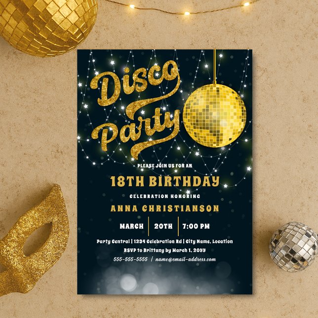 Convite Noivado da Bola de Disco com Retro 70s Dourado com (Gold Glitter 70s Retro Disco Ball party invitation)