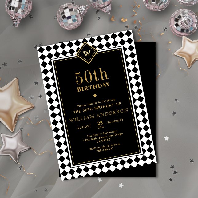Convite Noivado da Idade da Etapa Dourada e Preta Monogram (Monogrammed Black & Gold Milestone Age Birthday Invitation)