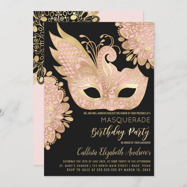 Convite Noivado da máscara de Mascarada preto bonito, cor- (Frente/Verso)