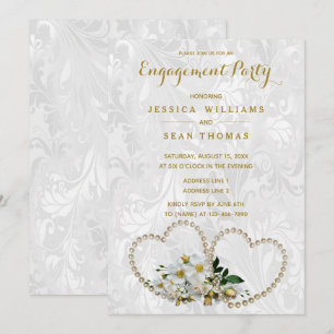 Convite Noivado Damask Pérolas Corações e Flores