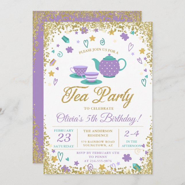 Convite Noivado das Roxas Douradas do Tea Party (Frente/Verso)