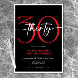 Convite Noivado de 30 Script Vermelho Mínimo Moderno<br><div class="desc">Moderno e chic, este convite de aniversário combina preto clássico e branco com sotaques de vermelho vivo. É um design mínimo é um design simples e divertido para celebrar o aniversário do marco. A parte traseira retém uma área para um código QR para resposta RSVP. Criado pela imprensa simplesmente de...</div>