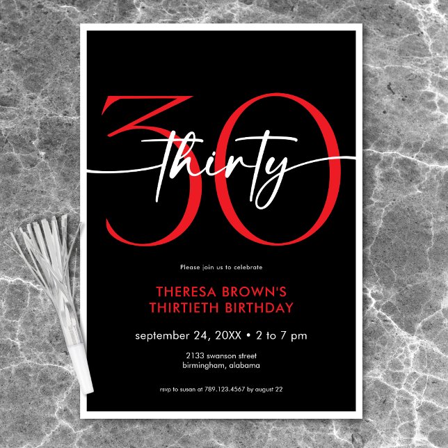 Convite Noivado de 30 Script Vermelho Mínimo Moderno (Modern Minimal Red Thirty Script Birthday Invitation)