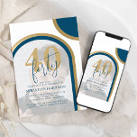 Convite Noivado de 40ª Foto Azul e Dourado<br><div class="desc">Estes mínimos convites de aniversário de 40 anos, são perfeitos para uma celebração de aniversário. Os convites apresentam um tema retrô com tons de azul e ouro. Um modelo moderno sobre sua foto enquadrado com arcos em tons modernos de azul e ouro. Os estilos de fonte e a cor podem...</div>